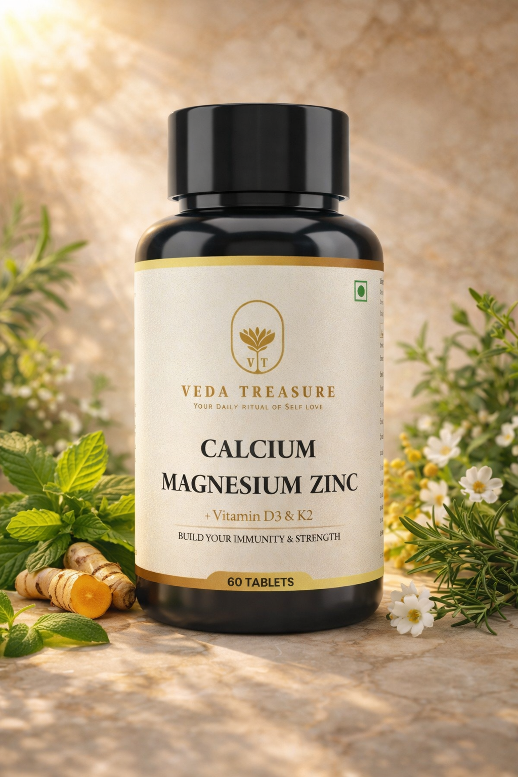 Veda Treasure Calcium Magnesium Zinc supplement with D3 B12 K2 — 60 tablets India